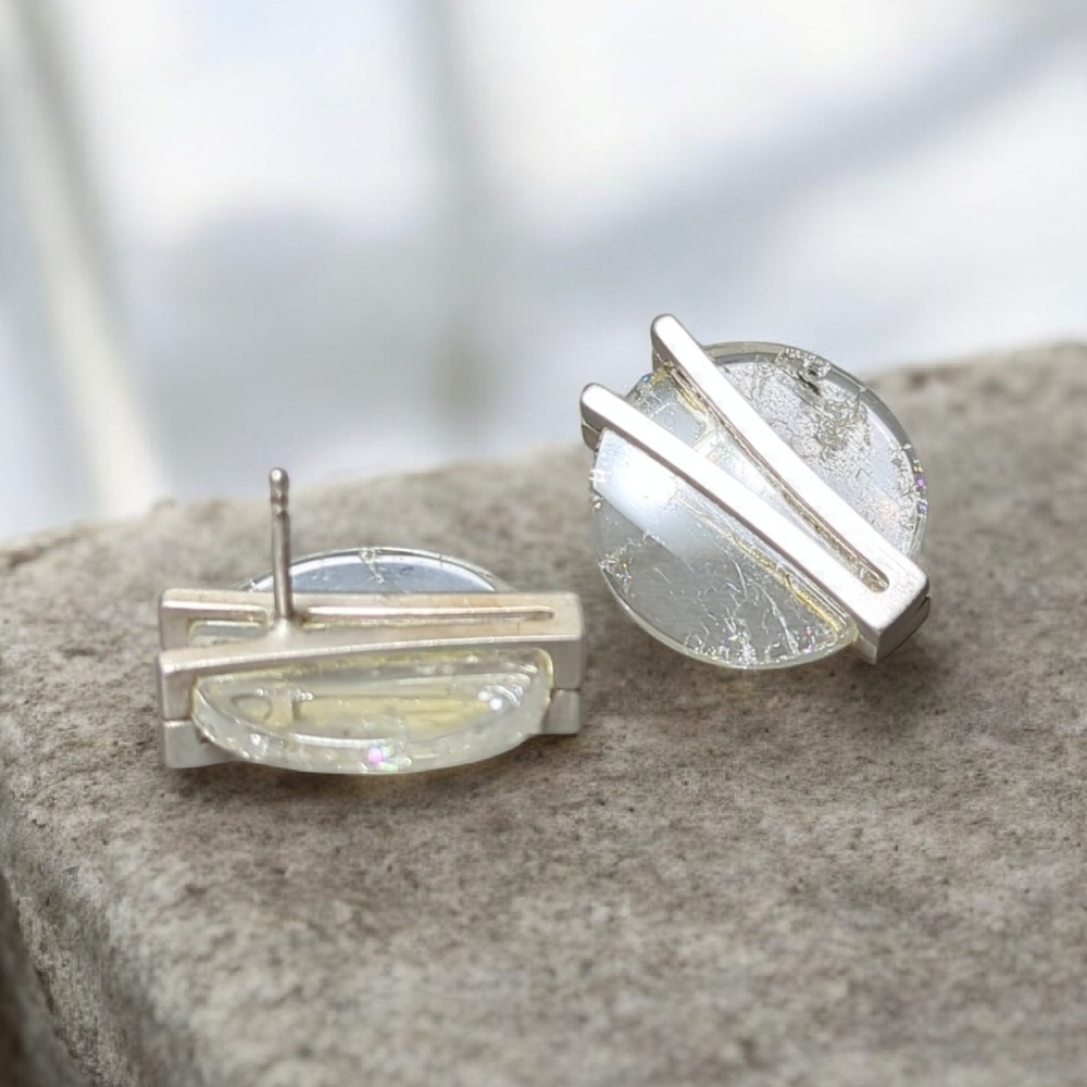 Modern Geometric Clear Disc Earrings – Silver Tone Metal, Stamped Posts